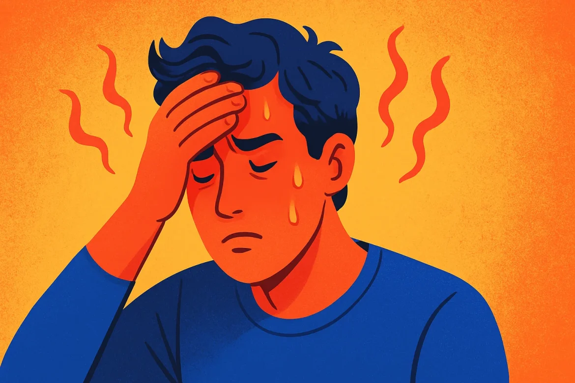 Hitzewallungen bei Stress verstehen: Warum der Körper überhitzt und schwitzt. Ursachen, Symptome des Stress-Flushes und effektive Sofortmaßnahmen und Therapien.