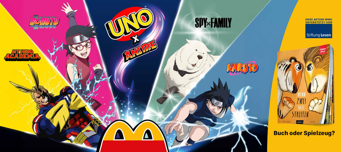 Aktuelle Spielzeuge im Happy Meal: Entdecke UNO Flip Boruto & Spy x Family bei McDonald's 2026. Anleitung zu Regeln, Sonderkarten wie Skillful Spy und Telepathie-Tipps.