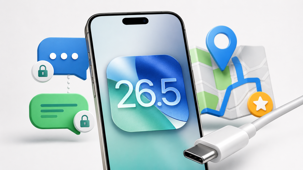 iOS 26.5 bringt verschlüsselte RCS-Nachrichten, Apple-Maps-Werbung, USB-C-Verbesserungen und neue Android-Transferfunktionen fürs iPhone.