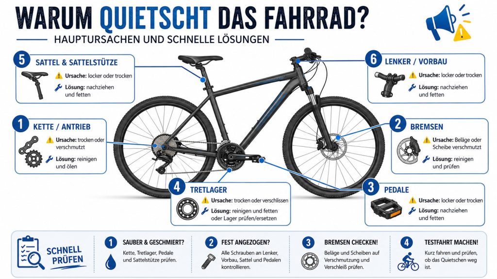 Warum quietscht das Fahrrad? Ursachen an Kette, Bremsen und Tretlager schnell erkennen