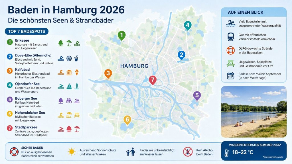 Badeseen Hamburg 2026 geöffnet: 16 Badestellen, Google Maps Links und Blaualgen-Warnung am Eichbaumsee