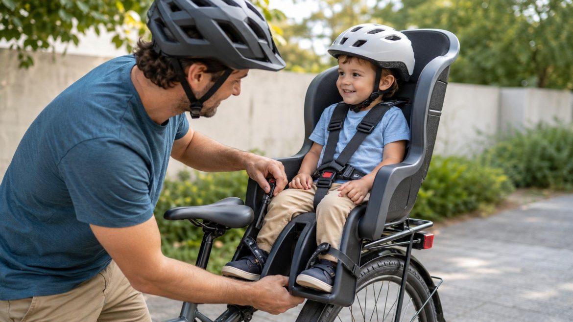 Kinder richtig auf dem Fahrrad transportieren: sichere Fahrradsitze, 5-Punkt-Gurt, Helm, Montage sowie Vergleich von Frontsitz, Hintersitz und Anhänger.