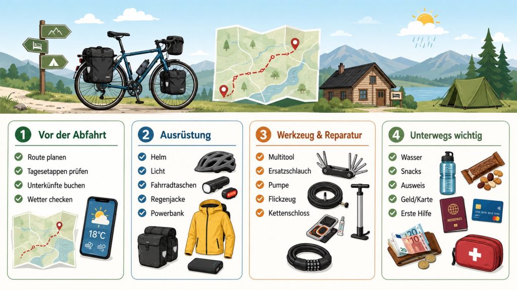 Erste mehrtägige Fahrradtour planen: Route, Gepäck und Ausrüstung ohne Stress organisieren