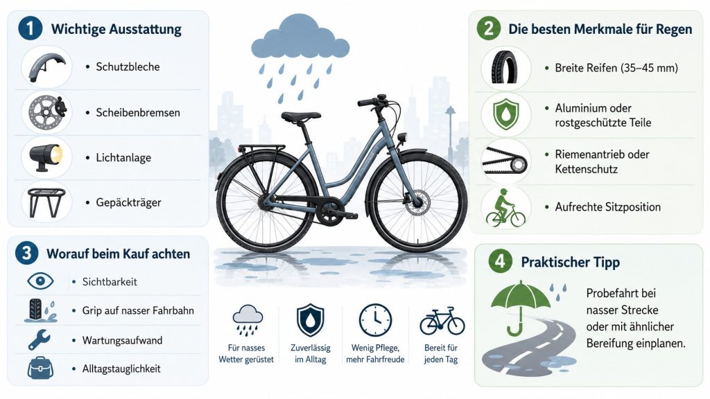 Fahrrad für täglichen Regen wählen: Bremsen, Reifen und Ausstattung für zuverlässige Pendler