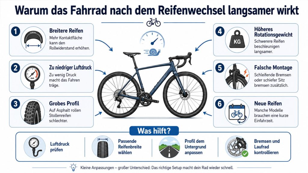 Warum das Fahrrad nach dem Reifenwechsel langsamer fährt: 8 Ursachen und schnelle Lösungen