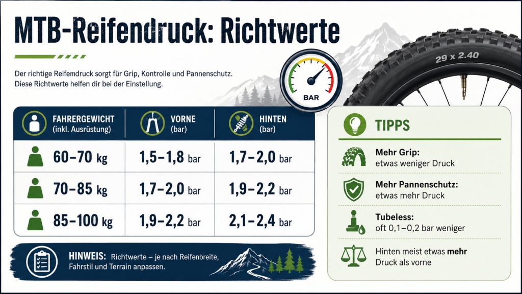 Welcher Reifendruck ist beim MTB richtig? Bar-Werte nach Gewicht, Reifenbreite und Tubeless