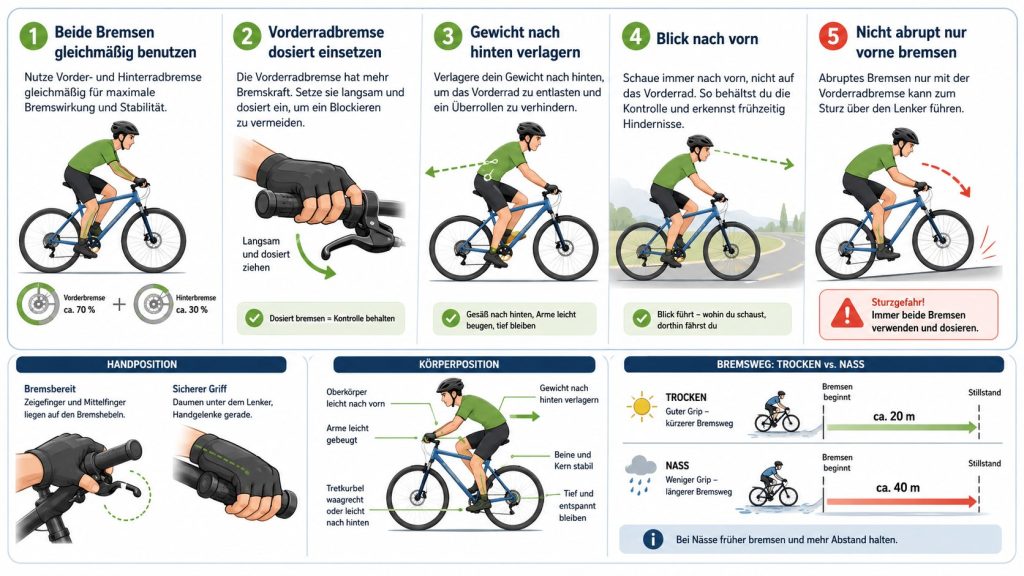 Richtig bremsen mit dem Fahrrad: Vorderbremse, Notbremsung und 8 typische Fehler