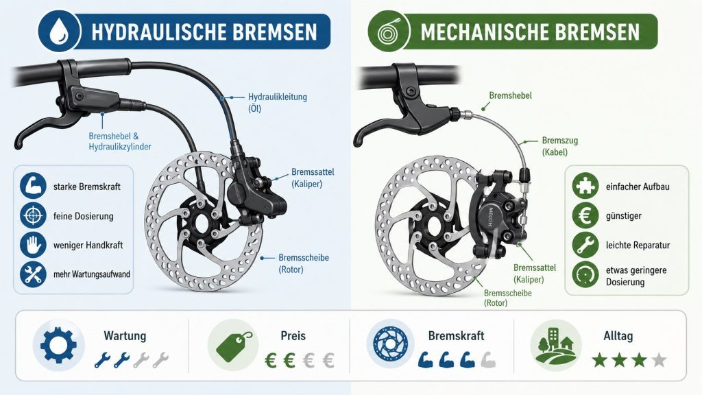 Hydraulische oder mechanische Fahrradbremsen: Welche Bremse für E-Bike, MTB und Citybike besser ist