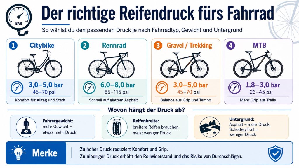 Welcher Reifendruck beim Fahrrad ist richtig? Bar-Werte nach Reifenbreite, Gewicht und Fahrradtyp