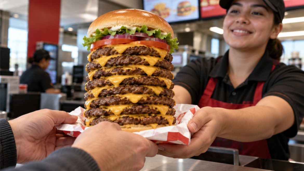 T-Rex Burger kehrt bei Wendy’s zurück: 9 Patties, 9 Scheiben Käse, T-Shirt und ein geheimer Preis warten bei der 9-Minuten-Challenge.