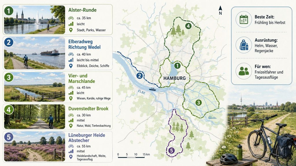 Fahrradtouren Hamburg Umgebung 2026: 7 Routen, Distanzen und Tipps für Elbe und Vierlande